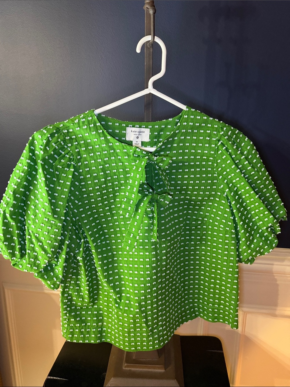kate spade Bright Green Tie-Neck Puff Sleeve Blouse